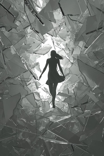 Simplified 3D model of a womans silhouette emerging from a shattered glass ceiling