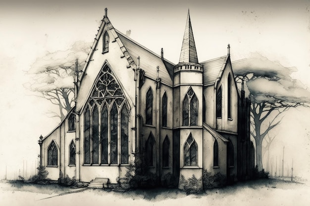 Simplistic drawing of gothic house with windows and doors drawn in detail