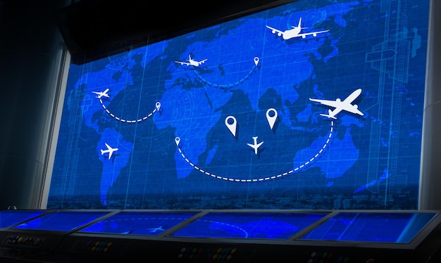 Simulation screen showing various flights for transportation and passengers