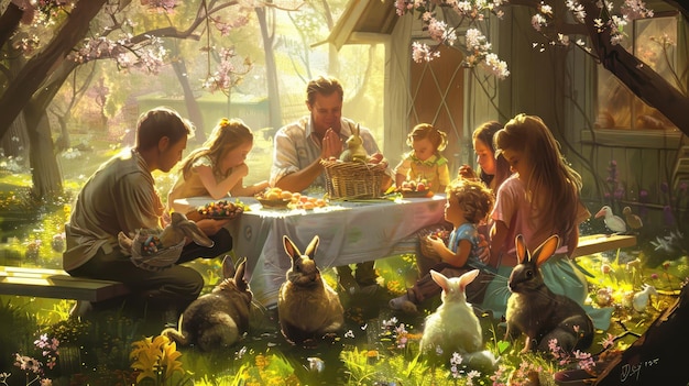 A sincere Easter scene with a family gathered for a heartfelt celebration