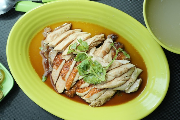 Singapore chicken meat and rice on a plate