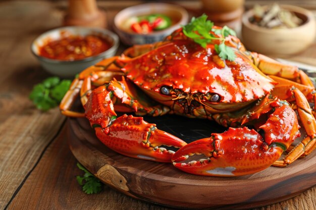 Photo singapore chili crab on a rustic wooden surface showcasing spicy crab claws in vibrant chili sauce