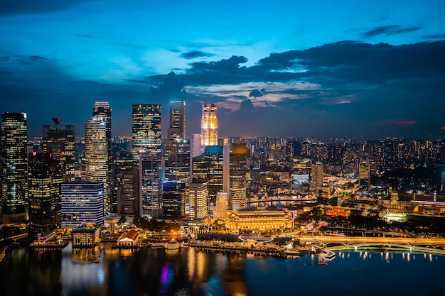 Singapore city skyline with modern skyscraper architecture building for concept of financial business and travel in Asia cityscape urban landmark marina bay at night district dusk sky