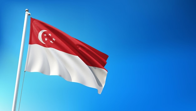 Singapore Flag Flying on Blue Sky Background 3D Render