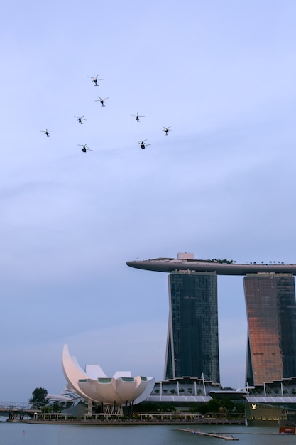 SINGAPORE - JULY 11, 2015: Daytime of National Day Parade (NDP) Rehearsal 2015 in City Hall, Singapore to celebrates 50 years of independence. SG50 is for all Singaporeans to celebrate as one people.