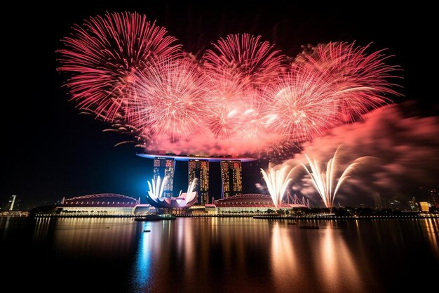 Photo singapore national day with marina bay sands singapore and fireworks