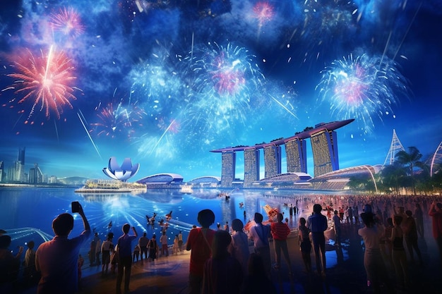 Photo singapore national day with marina bay sands singapore and fireworks