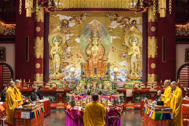 SINGAPORE - OCTOBER 16, 2014: Buddha Tooth Relic Temple interior. Its a main Buddhist temple in the Chinatown district of Singapore.