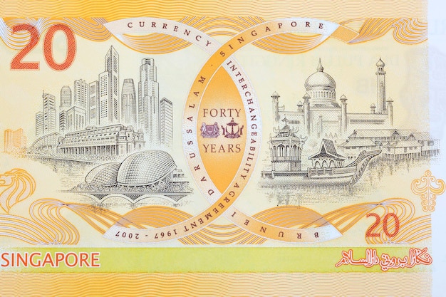 Singapore skyline and Sultan Ali Saifuddien Mosque from Brunei money