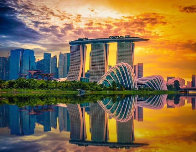 Singapore Skyline and view of skyscrapers on Marina Bay at sunset.