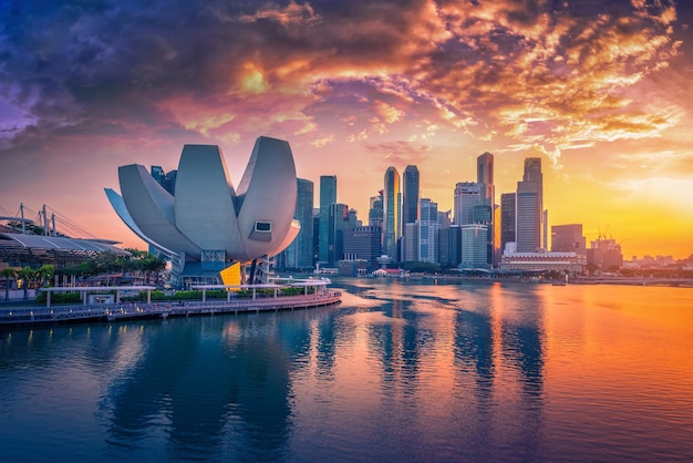 Singapore Skyline and view of skyscrapers on Marina Bay at sunset.