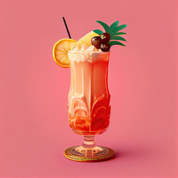 Singapore Sling Cocktail on Pink Background Tropical Party Coctail Bar Drink Abstract Generative AI Illustration