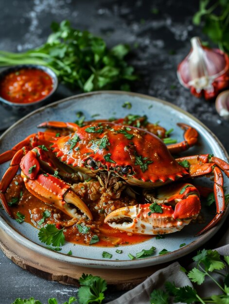 Photo singaporean chili crab on a plate with a spicy tomato chili sauce and fresh herbs a traditional and flavorful dish from singapore