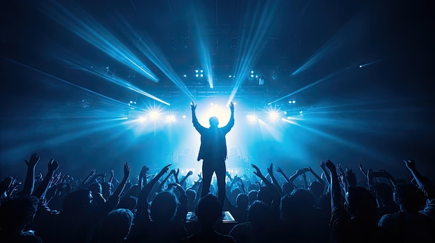 Singer performing on stage in packed stadium with bright lights and fans holding up phones