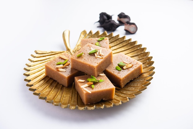 Singhara Barfi or Singhada burfi or halwa made using water chestnut flour fasting or upwas food