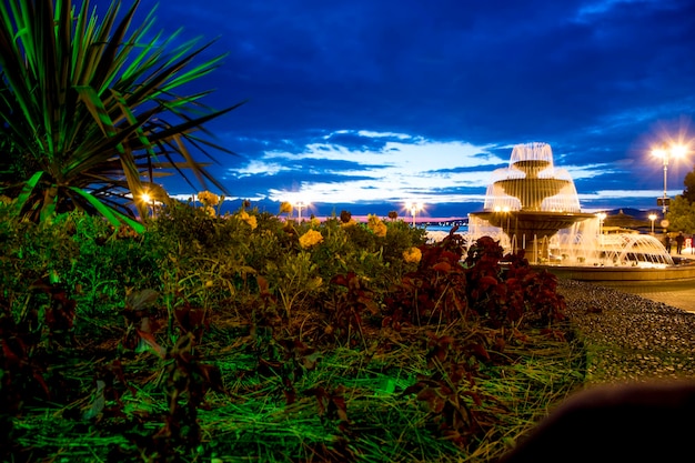 Singing fountain on the promenade of Gelendzhik at sunset