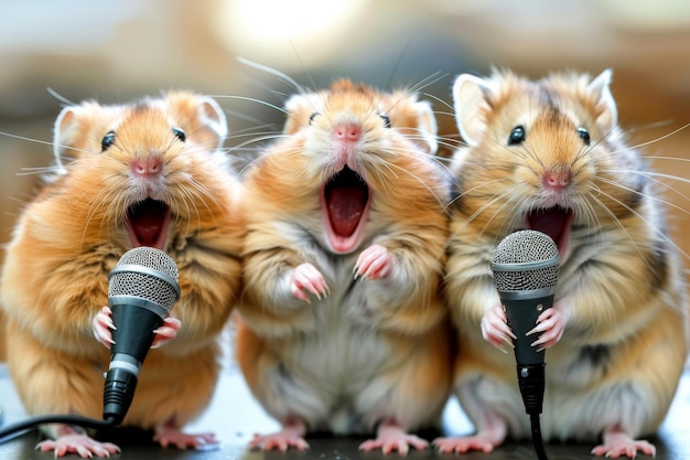 Photo singing hamsters disco of 80s concert of 90s karaoke with rodents hamster disco funny mice singers