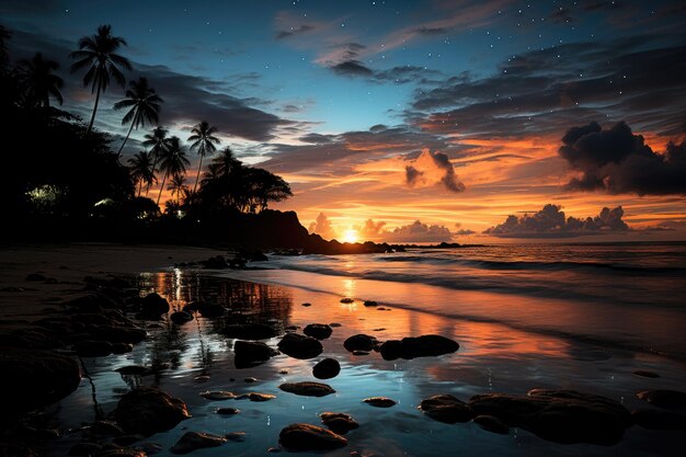 Singing star illuminates quiet beach and reflects in the sea generative IA