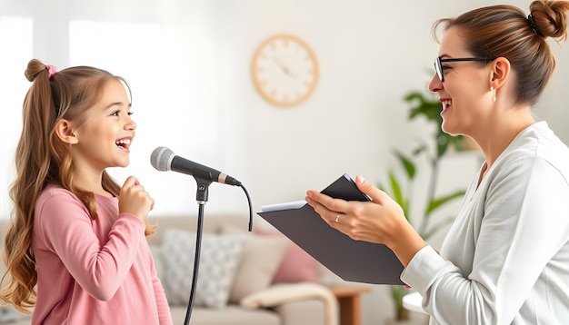 Photo singing teacher training student girl kid at home speech therapist teaching child to do voice