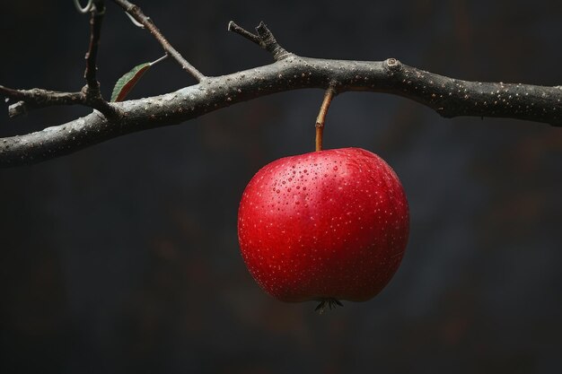 Photo a single apple hanging from a bare branch