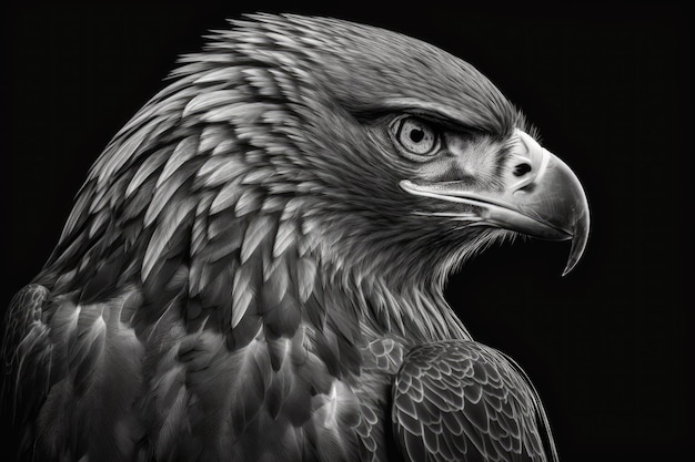 A single Aquila chrysaetos or golden eagle on a dark backdrop Black and white closeup