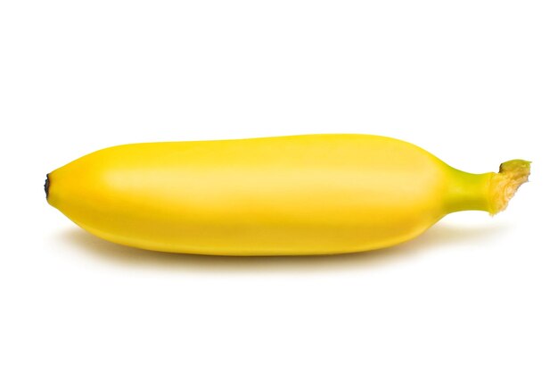 Single baby banana against white background. Flat lay, top view. Flat lay, top view. Yellow Fruit