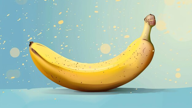 A single banana depicted in a digital illustration is suspended against a blue background with yellow speckles