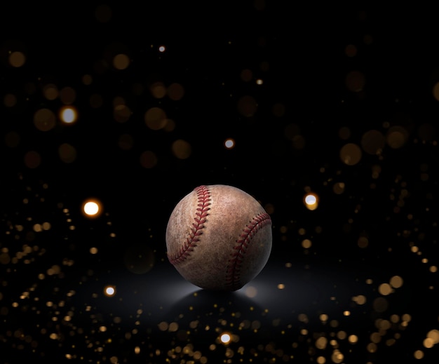 Single baseball ball on black background with abstract lights