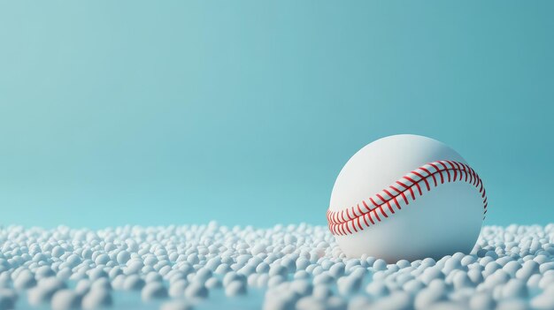 Photo a single baseball rests on a bed of white foam balls against a light blue background symbolizi