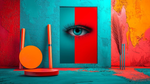 Photo a single blue eye peeks out from a colorful textured wall with geometric shapes