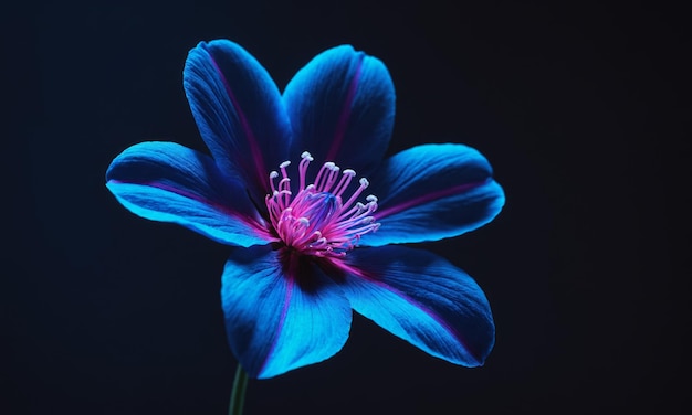 Single blue flower with pink center on dark background