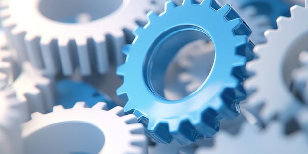 A Single Blue Gear Among a Pile of White Gears