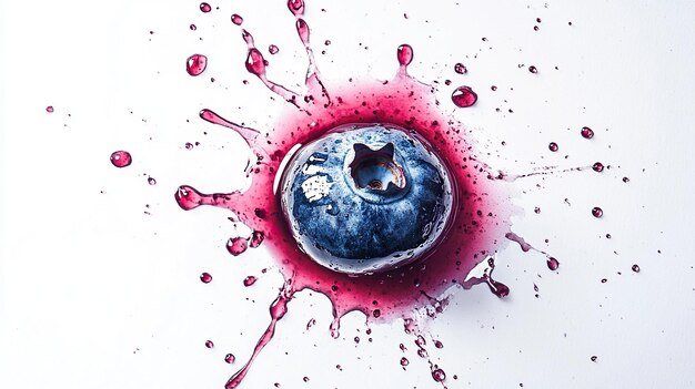 Photo single blueberry splatters purple juice on white background