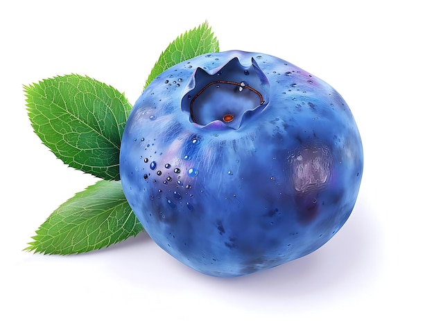 Single Blueberry with Green Leaves Realistic Image