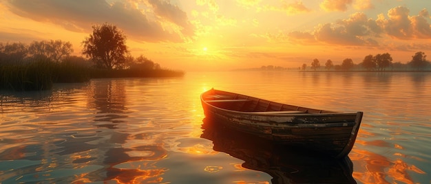 Photo a single boat on a calm river at sunset