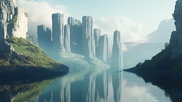 A single boat sails through a still misty lake framed by towering rock formations creating a sense of isolation and serenity