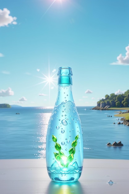 A single bottle of sparkling water illuminated by a bright sun hovering above a vibrant blue