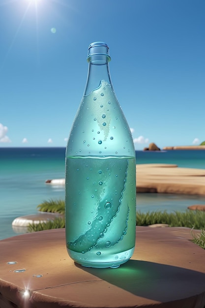 A single bottle of sparkling water illuminated by a bright sun hovering above a vibrant blue