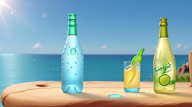 A single bottle of sparkling water illuminated by a bright sun hovering above a vibrant blue