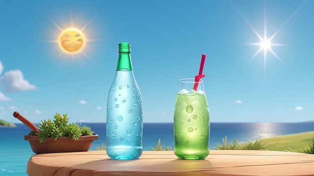 A single bottle of sparkling water illuminated by a bright sun hovering above a vibrant blue