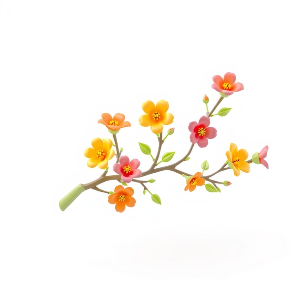 A single branch of a blooming tree with pink orange and yellow flowers