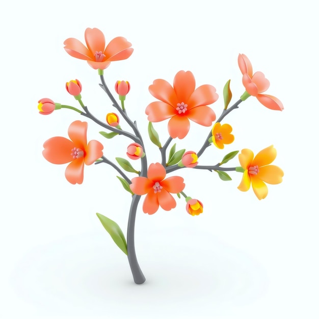 A single branch with orange and yellow flowers on white background