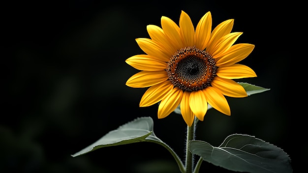 Single bright yellow sunflower with dark background