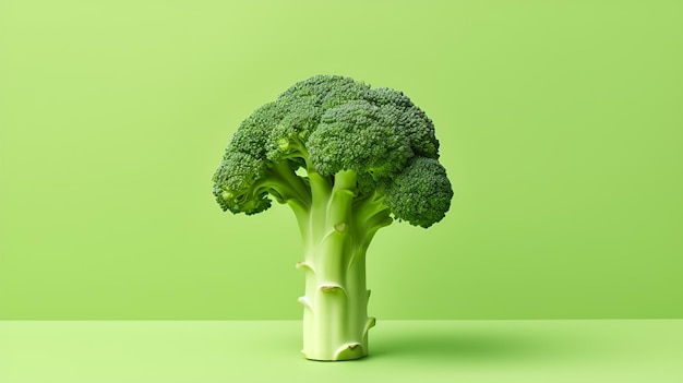 A single broccoli on a pastel green background