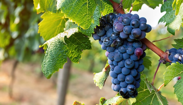 Single bunch of Shiraz grapes on vine grape harvest