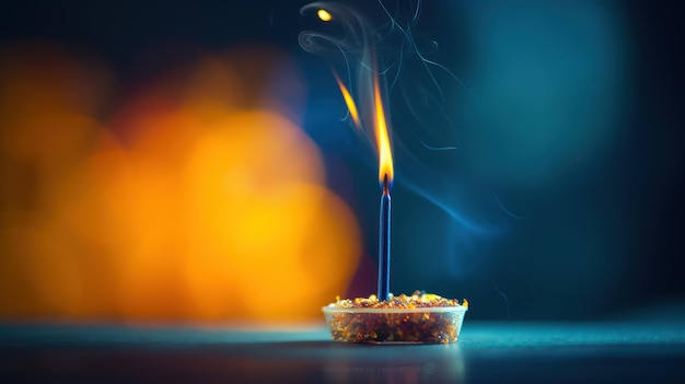 A Single Burning Incense Stick with Smoke Trails in a Glass Bowl Against a Blurred Orange and Blue Background