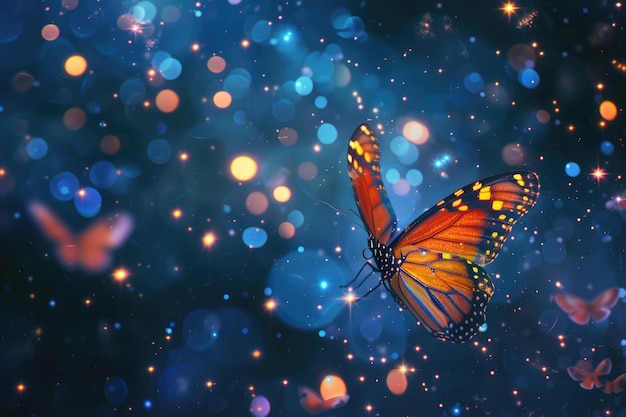 Photo a single butterfly flying through a universe of lights