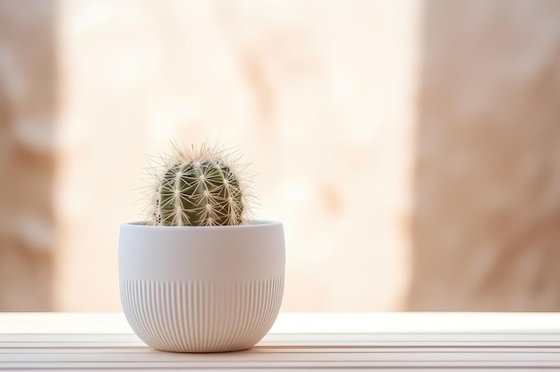 Single cactus in a little white ceramic pot on beige wall backdrop