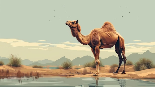 A single camel standing beside a tranquil water body in a desert oasis with distant mountains