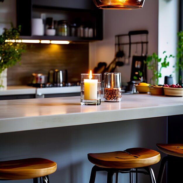 Photo single candle on breakfast bar in contemporary kitchen with high stools